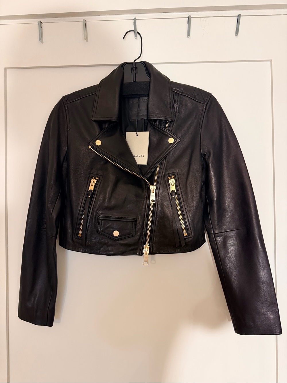 All Saints Black Cropped Real Leather Biker Jacket with Gold Hardware Authentic